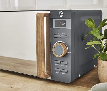 Мікрохвильова піч Swan Nordic 20L, 800W, 6 режимів, таймер 30 хв, функція розморожування, Easy Clean, сірий матовий колір, дерев'яний деко