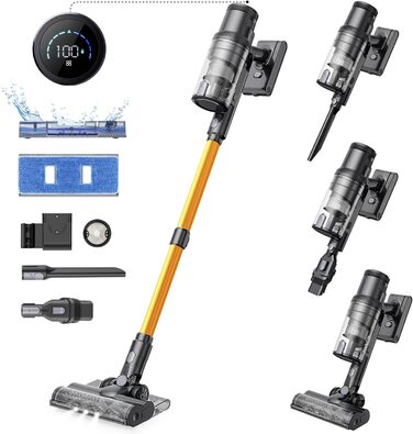 Бездротовий пилосос Proscenic P11 Ultra з акумулятором, легкий, самостійно стоячий, 50Kpa, 50 хвилин роботи, сенсорний екран, зелене світло, антизаплутування, для килимів, твердих поверхонь, штор, автомобіля, шерсті домашніх тварин (світло-жовтий)