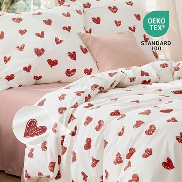BEDSURE Комплект постільної білизни 135x200 см, 4-х частинний (2 наволочки 80x80 см), з принтом сердечок, червоний, ÖKO-TEX, на блискавці