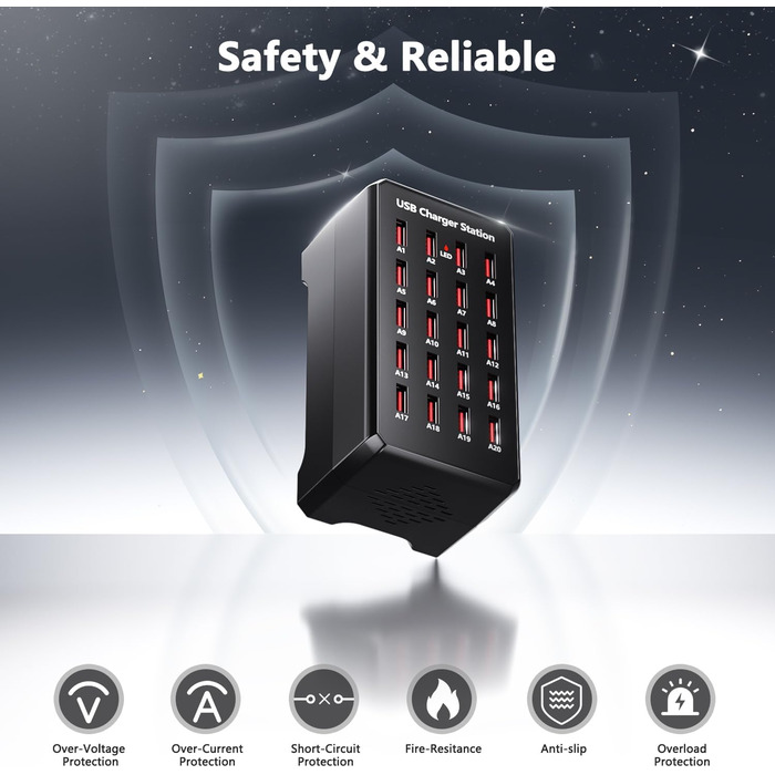 USB-зарядний пристрій 20 портів 100W/20A, настільна станція для iPhone 14/15/16, Samsung Galaxy S23/S24, Google Pixel, планшетів та інших USB-пристроїв