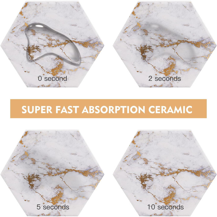 Marble-Style Coasters, Set of 6 - Drink Coasters for Wood Table with Metal Holder - Golden Ceramic Cup Set - Rustic Home Decor, Room Decor, Party