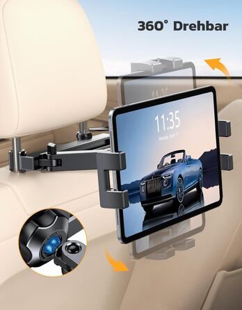 Тримач для планшета в авто, висувний кріплення, поворот на 360° - сумісний з iPad, iPhone, Galaxy Tab та іншими пристроями 4.7-12.9 дюймів