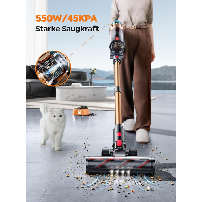 Cordless Vacuum Cleaner 45000Pa/550W/60Mins, Stand-Alone and Self-Charging Vacuum Cleaner, 4-in-1 Cordless Vacuum with Auto Mode & Anti-Tangle for Pet Hair, Carpet, and Hard Floors