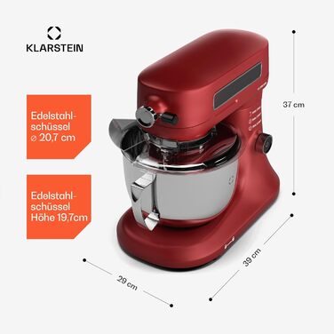 Кухонна машина Klarstein Chiara 1600W з чашею 5л з нержавіючої сталі, 12 швидкостей, LCD-дисплеєм, тиха робота ≤72 dB, набір для випічки, сумісний з посудомийною машиною, корпус з алюмінію, червона