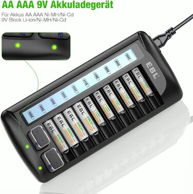 Зарядний пристрій EBL для AA/AAA акумуляторів, 12 слотів, LCD дисплей, для NiMH/NiCd, з функцією розряду