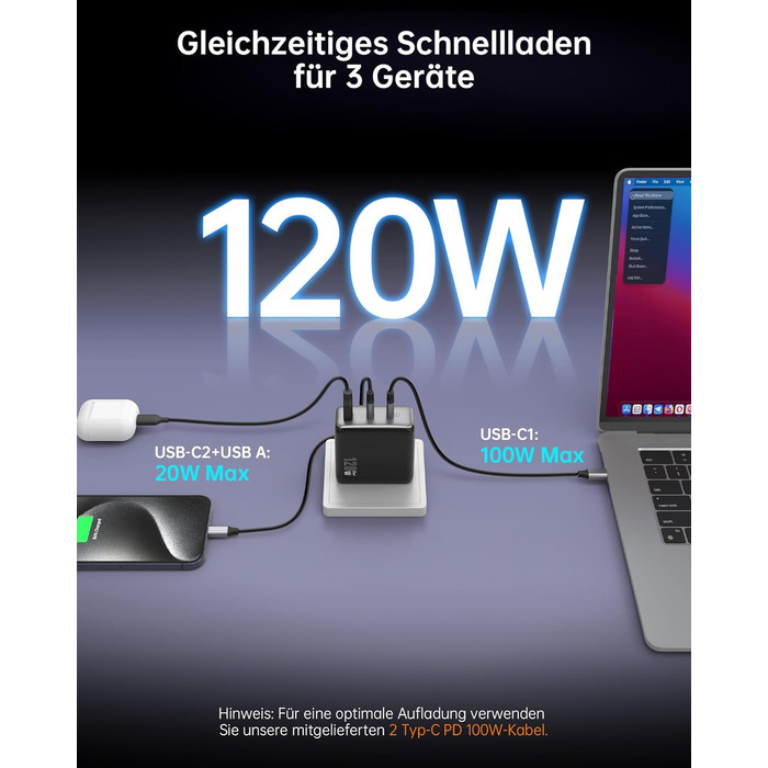 Зарядний пристрій USB-C 120W NOVOO GaN III 3 порти, кабель USB-C PD 100W, для MacBook Pro 14