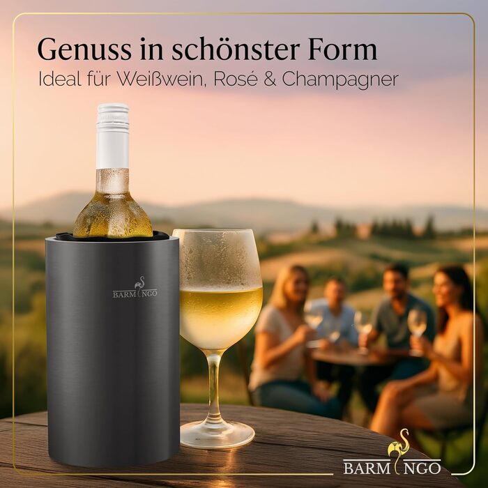 Охолоджувач для вина BARMINGO з нержавіючої сталі з 2 охолоджувальними акумуляторами – охолоджувач напоїв та охолоджувач пляшок для вина, шампанського, ігристого вина | Подвійний сектанкулер з охолоджувальними манжетами | Охолоджувач для винних пляшок | (