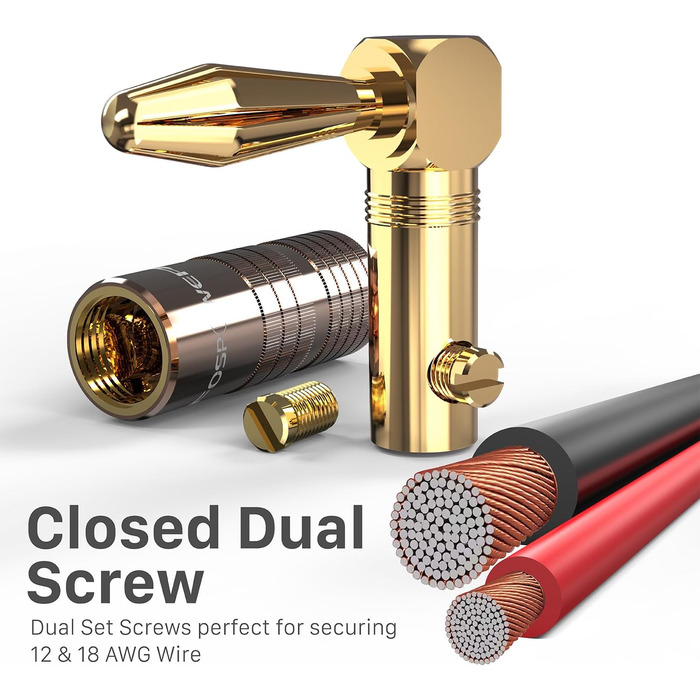 Позолочені кутові бананові роз'єми FosPower для акустичних кабелів, Hi-Fi підсилювачів та домашнього кінотеатру, з подвійними фіксаційними гвинтами (12 шт / 6 пар)