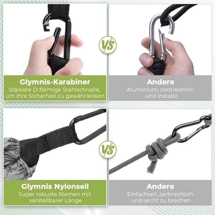 Гамак туристичний Glymnis Ultraleicht Outdoor 300x200 см, зелено-сірий, з мотузками та карабінами, вантажопідйомність 300 кг