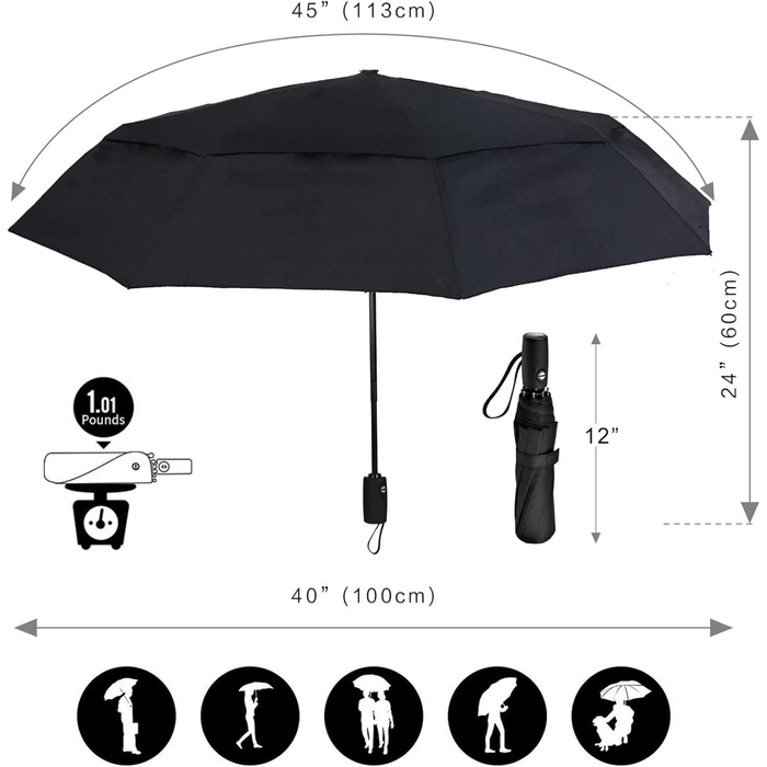 AMVUZ Сонцезахисний парасоль від дощу, стійкий до вітру, автоматичний, туристичний, чорний, з двошаровим покриттям