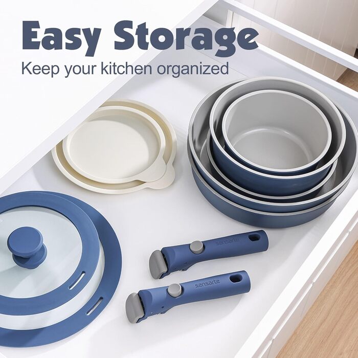 Набір посуду SENSARTE з керамічним покриттям, 17 предметів, антипригарний, знімні ручки, для всіх типів плит, безпечний, сумісний з посудомийною машиною та духовкою (Морський)