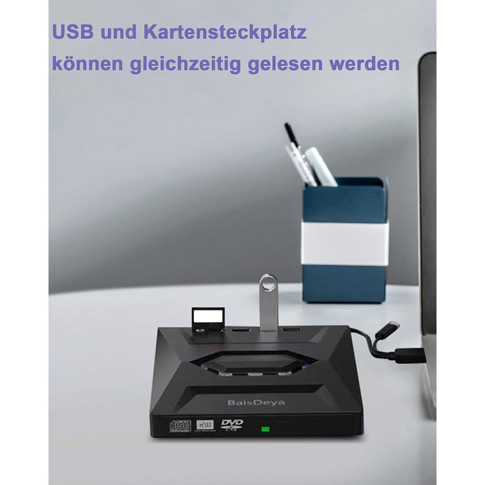 Зовнішній CD/DVD привід для ноутбука та ПК USB 3.0 & Type-C, DVD-RW записувач з картридером SD/TF та USB-хабом для Windows, Linux, Vista