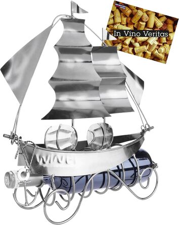 BRUBAKER Wine Bottle Holder Sailing Ship - Bottle Stand Sculpture made of Metal with Gift Card - Silver Wine Gift, Height 39 cm