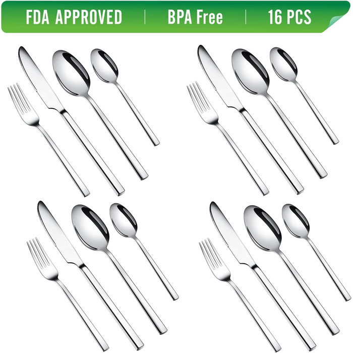 WUJO Cutlery Set, Stainless Steel Cutlery, 16-Piece Silver Cutlery Set including Knife, Fork, Spoon, Teaspoon, Dining Set for 4 People, Mirror Polished, Dishwasher Safe