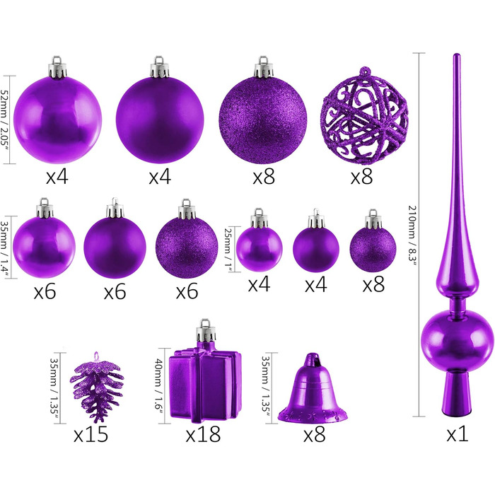 Набір прикрас на ялинку BRUBAKER 101 шт. з верхівкою, кремово-білий, фіолетовий