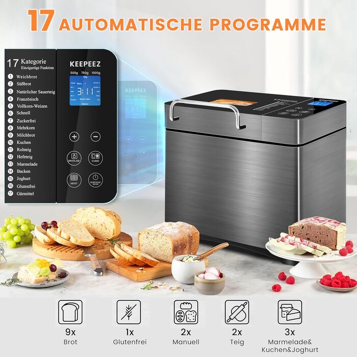 KEEPEEZ Преміум Хлібопекарня 710W з керамічною формою, 17 програм, дозатор горіхів, сенсорне скло, чорний