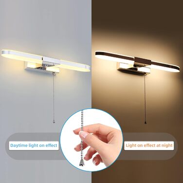 MantoLite LED Bathroom Wall Light with Pull Cord, 40CM Picture Display Lamp Mirror Lighting Wall Sconce for Hotel Restaurant Modern Reading Lamps, 8W 3000K Stainless Steel Acrylic Lighting