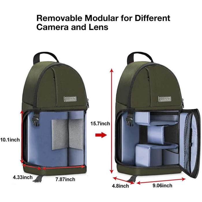 Сумка-рюкзак для камери MOSISO на груди, протиударна сумка для DSLR/SLR/бездзеркальних камер з кріпленням для штатива та модульними перегородками, армійський зелений