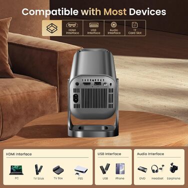 Міні проєктор Beamer 4K 1080p з Android 12.0, WiFi 6, Bluetooth 5.4, 22000 люмен, автокорекція трапецеїдальних спотворень, поворот 270°, підключення PC/HDMI/USB/TF, сірий