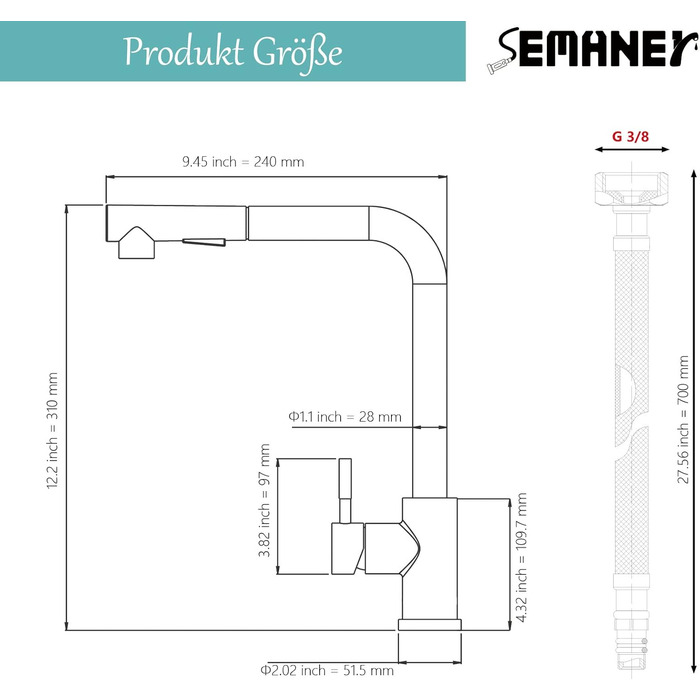 Кухонний змішувач SEMANEY з висувною лійкою, чорний, з донним клапаном, 360° обертання, 2 режими, для кухні