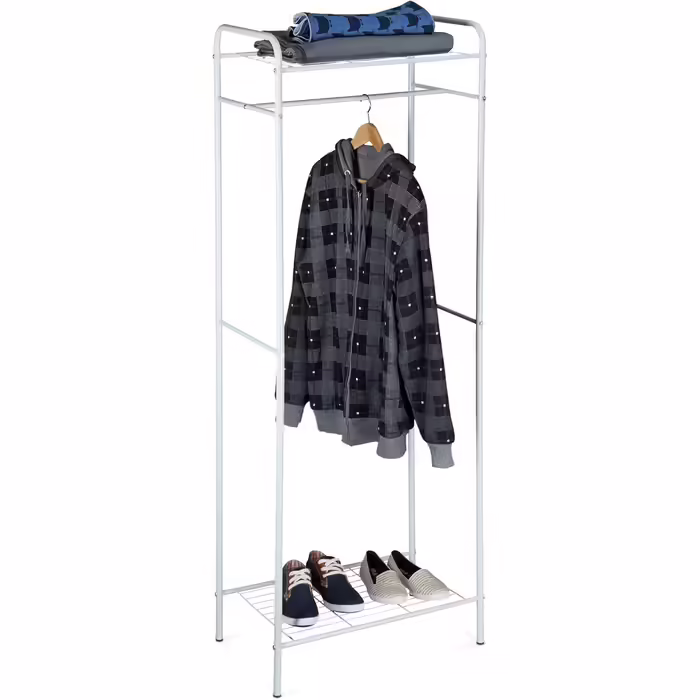 Relaxdays Clothes Rack with Shelf SANDRA, Metal, Coat Rack, with Clothes Rail, Shoe Storage also for Boots, HBT: 166 x 60.5 x 38 cm, honey-brown, (White)