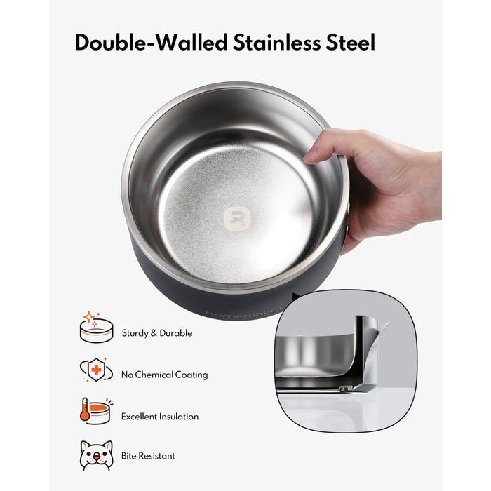 Нержавійна миска для собак HomeRunPet, 1 л з неслизьким дном, подвійні стінки, ізольована, для маленьких, середніх та великих собак, чорна