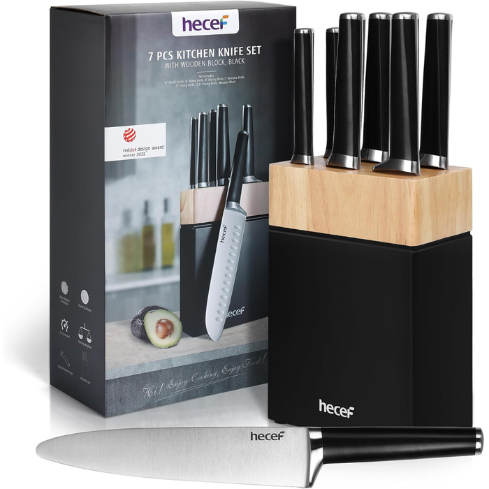 Набір ножів Hecef з підставкою 7 предметів, чорний – кухонні ножі з кованого нержавіючого сталевого леза, повний ергономічний руків'я з подвійним болстером, ергономічний дизайн, нагорода Red Dot Design Award, економія місця, ідеальний подарунок для кухні