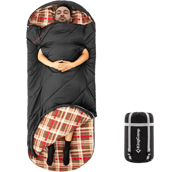 Сплячий мішок KingCamp XXL з бавовни фланелі для дорослих, великий, теплий, зимовий, для кемпінгу, подорожей та активного відпочинку на природі, 4-сезонний, 220x100 см, чорний