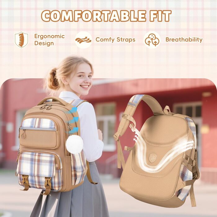 Шкільний рюкзак Tanou для дівчаток, ергономічний, великий, модний в клітинку, для підлітків, для подорожей (коричневий)