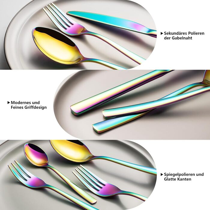 Opolia Cutlery Set for 6 People, Rainbow Cutlery, 30-Piece Stainless Steel Cutlery Set, High-Gloss Polished, Forks and Spoons, Dishwasher Safe, Rustproof and Colorful