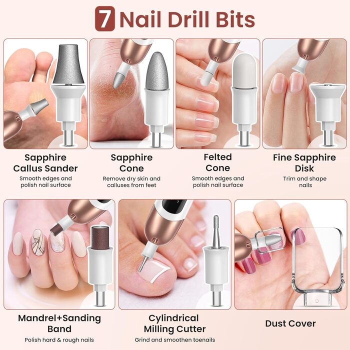 Електричний фрезер для манікюру та педикюру з 6 насадками, 10 швидкостей, LED-підсвічуванням, акумуляторний, для догляду за нігтями
