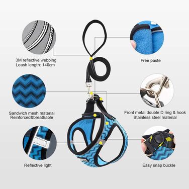 Нашийник для собак з повідком Anti-Zug, світловідбиваючий, для маленьких собак, кошенят, домашніх тварин (L, Синя хвиля)