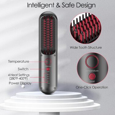 Бездротова щітка для випрямлення волосся – портативна щітка для подорожей, міні-щітка для випрямлення волосся для жінок, зарядка USB-C, керамічне покриття, легка для корекції, захист від опіків, чорно-червона