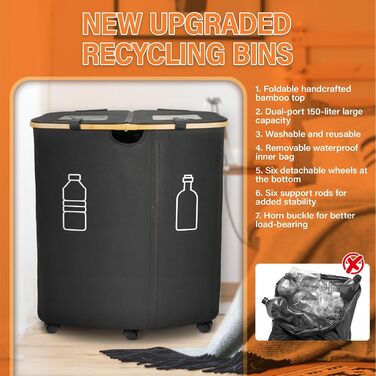 Deposit bottle collection container with lid & 2 removable carrying bags, large deposit bottle storage, container for empties & glass recycling, kitchen pantry bottle bag (150L)