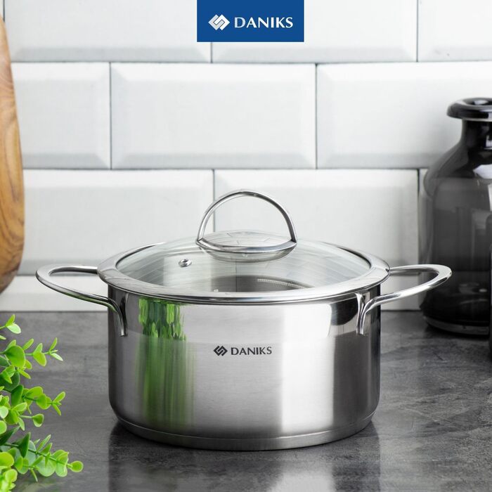 Каструля Daniks Bonn з нержавіючої сталі для індукції з кришкою, 20 см, 3.4 л, для пасти, супу, срібляста