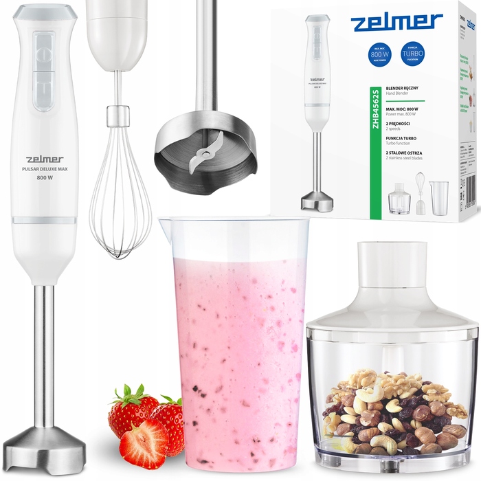 Занурювальний блендер Zelmer ZHB4562S 800 Вт, білий, набір з подрібнювачем та вінчиком