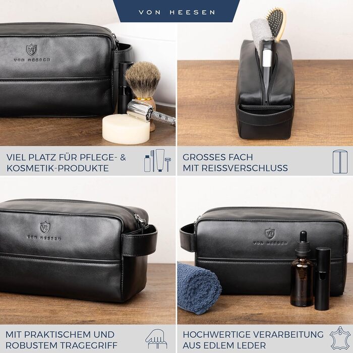 Чоловіча/Жіноча дорожня косметичка VON HEESEN з натуральної шкіри - велика, чорна, з одним відділенням