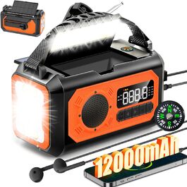 Радіоприймач Kurbelradio на 12000mAh з підзарядкою телефону, сонячне радіо з 2 сонячними панелями, портативне радіо для надзвичайних ситуацій AM/FM з навушником, ліхтарик, компас, SOS-сигнал для кемпінгу та відпочинку на природі, оранжевий