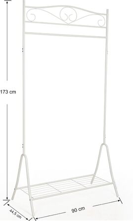 SONGMICS Vintage Style Clothes Rack Coat Stand with Clothes Rail and 2 Shelves Made of Metal 92 x 173 x 41 cm (W x H x D), Cream White, HSR07W (90 x 44.5 x 173 cm)
