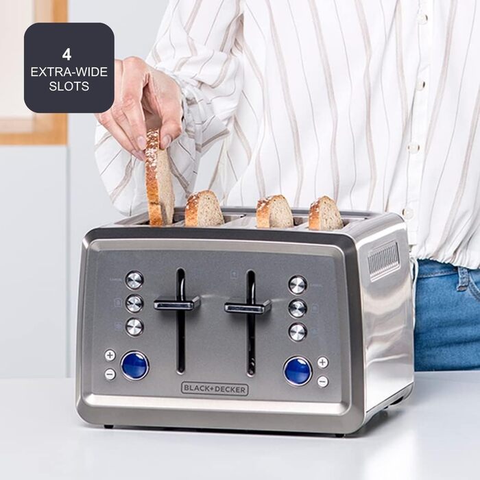 Тостер BLACK+DECKER BXTO1960E з цифровим керуванням, 1960 Вт, 4 слоти, 6 рівнів підсмажування, функції: стоп, підігрів, розморожування, автоматичне центрування, підігрівач для бутербродів