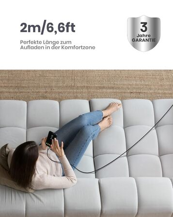 Кабель USB-C 2м з LED-підсвічуванням, швидка зарядка 3.1A, нейлон, чорний - сумісний з iPhone 15, Samsung Galaxy, Google Pixel