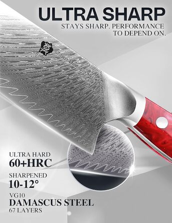 Японський ніж WILDMOK Santoku 20см з дамаської сталі, VG10, ручка з червоного армована синтетичний матеріал