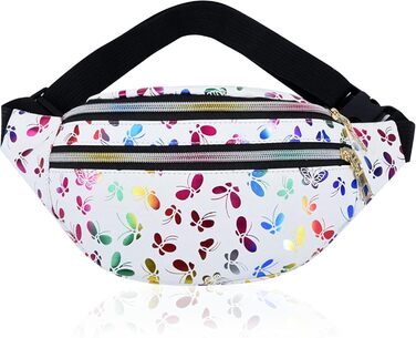 Металева поясна сумка AYNKH з регульованим ремінцем, три відділення, водонепроникна фанна-пак для відпочинку, спорту, подорожей (Білий метелик)