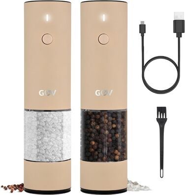 Electric Pepper and Salt Grinder Set - 75 ml Beige Edition - USB-C Rechargeable - 6 Adjustable Grind Sizes - Stylish Beige Stainless Steel Design with LED Light