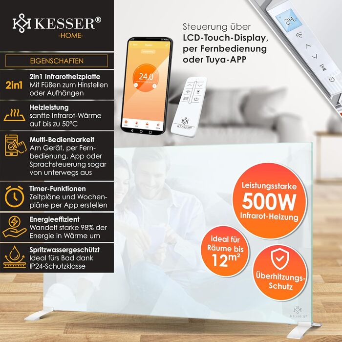 Інфрачервовий обігрівач KESSER® з функцією 2 в 1: підлоговий та настінний. Енергозберігаючий склокерамічний обігрівач з дистанційним керуванням, термостатом, детектором відчинених вікон та керуванням через додаток. Потужність 500W, білий колір.