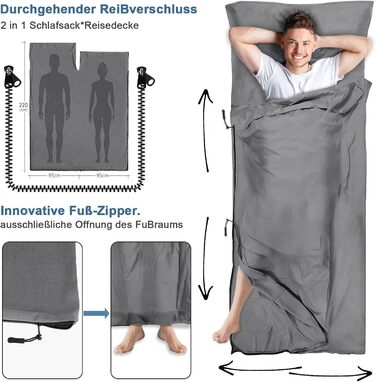 Спальний мішок туристичний 2в1 з мікрофібри, 220x95 см, для походів, хостелів та гірських притулків, зелений (сірий)