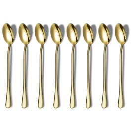 Набір ложок HOMQUEN з довгим руків'ям (8 шт.) - кавові, для коктейлів, чайні, з нержавіючої сталі (сріблясті)