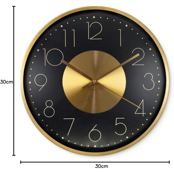 Modern Silent Aluminum Wall Clock 30 cm Diameter without Ticking Sounds for Living Room, Bedroom and Office (Gold Black)