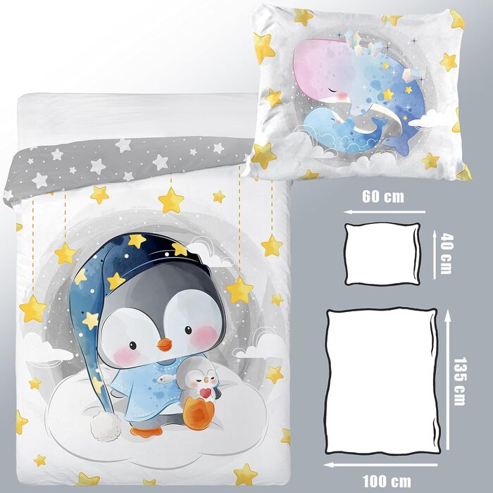 Дитяча постільна білизна CLEAVEN 100x135 см | 100% бавовна, м'яка та дихаюча | Для комфортного сну | Змінний малюнок пінгвіна | CLEAVEN Pinguin 006
