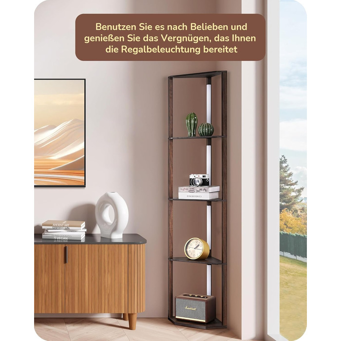 LED торшер EDISHINE з 4 полицями з дерева, торшер для вітальні, регульоване освітлення, 3 колірні температури, поворотний світловий стержень, підсвічування полиць, футовим вимикачем (темно-горіховий)